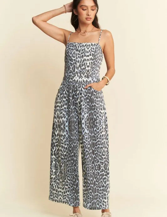 Davi & Dani Leopard Spaghetti Straps Wide Leg Jumpsuit | Jumpsuits Daverri Fashions