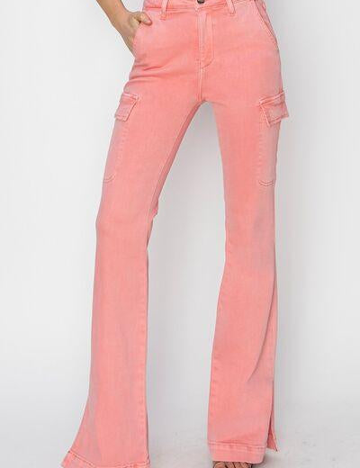 Flamingo RISEN Full Size High Rise Side Slit Cargo Bootcut Jeans | Jeans Daverri Fashions