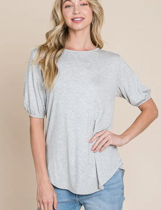LIGHT GRAY BOMBOM Round Neck Puff Sleeve T-Shirt | Daverri Fashions