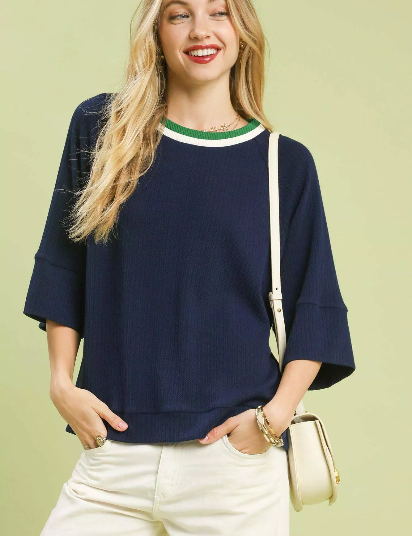 NAVY Umgee Ribbed Knit Top with Contrast Trim | Knit Tops Daverri Fashions