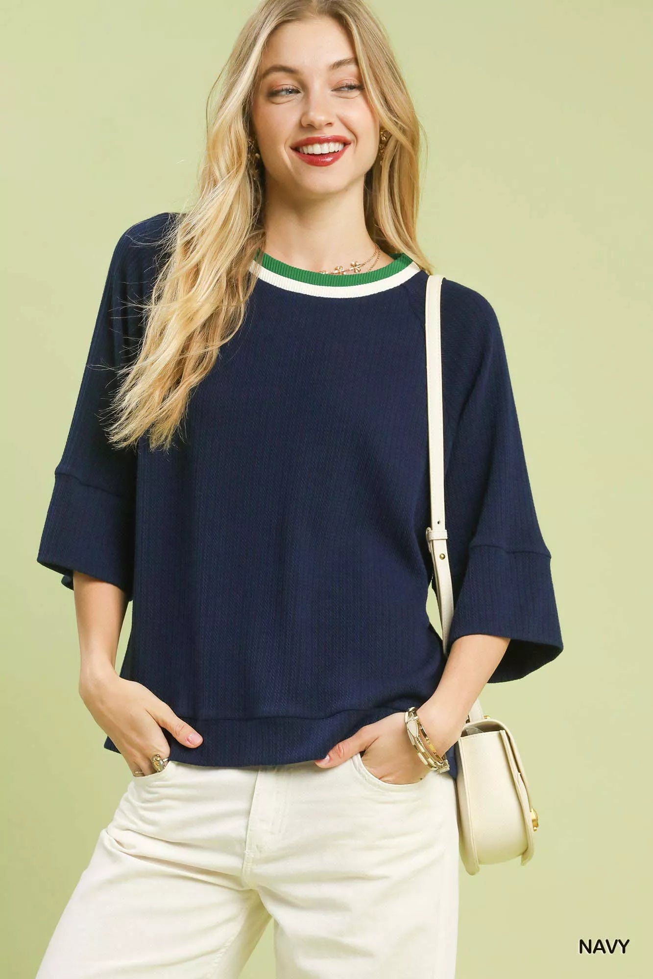 NAVY Umgee Ribbed Knit Top with Contrast Trim | Knit Tops Daverri Fashions