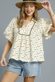 Umgee Bow Print Puff Sleeve Blouse | Daverri Fashions