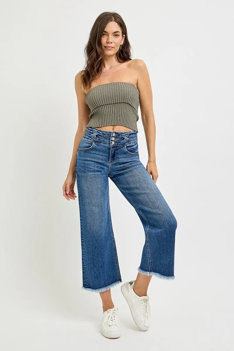 RISEN High Rise Crop Wide Leg Jeans with Wide Band Detail | Jeans Daverri Fashions