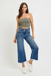 RISEN High Rise Crop Wide Leg Jeans with Wide Band Detail | Jeans Daverri Fashions