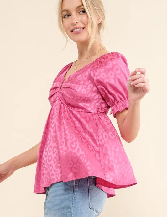 And The Why Satin Leopard V Wired Puff Sleeves Blouse | Daverri Fashions