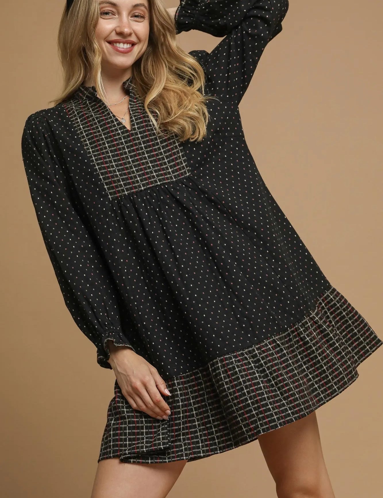 Black Umgee Polka Dot Plaid Trim Babydoll Dress | Daverri Fashions