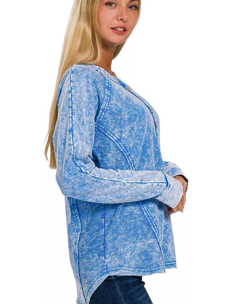 Zenana Washed French Terry Half Button Top | Tops Daverri Fashions
