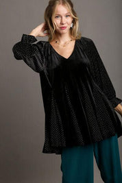 Black Umgee Godet Hem Polka Dot V-Neck Blouse | Blouses Daverri Fashions