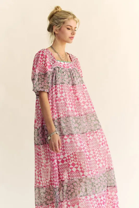 Davi & Dani Multi Floral Square Neck Puff Sleeve Maxi Dress | Maxi Dresses Daverri Fashions