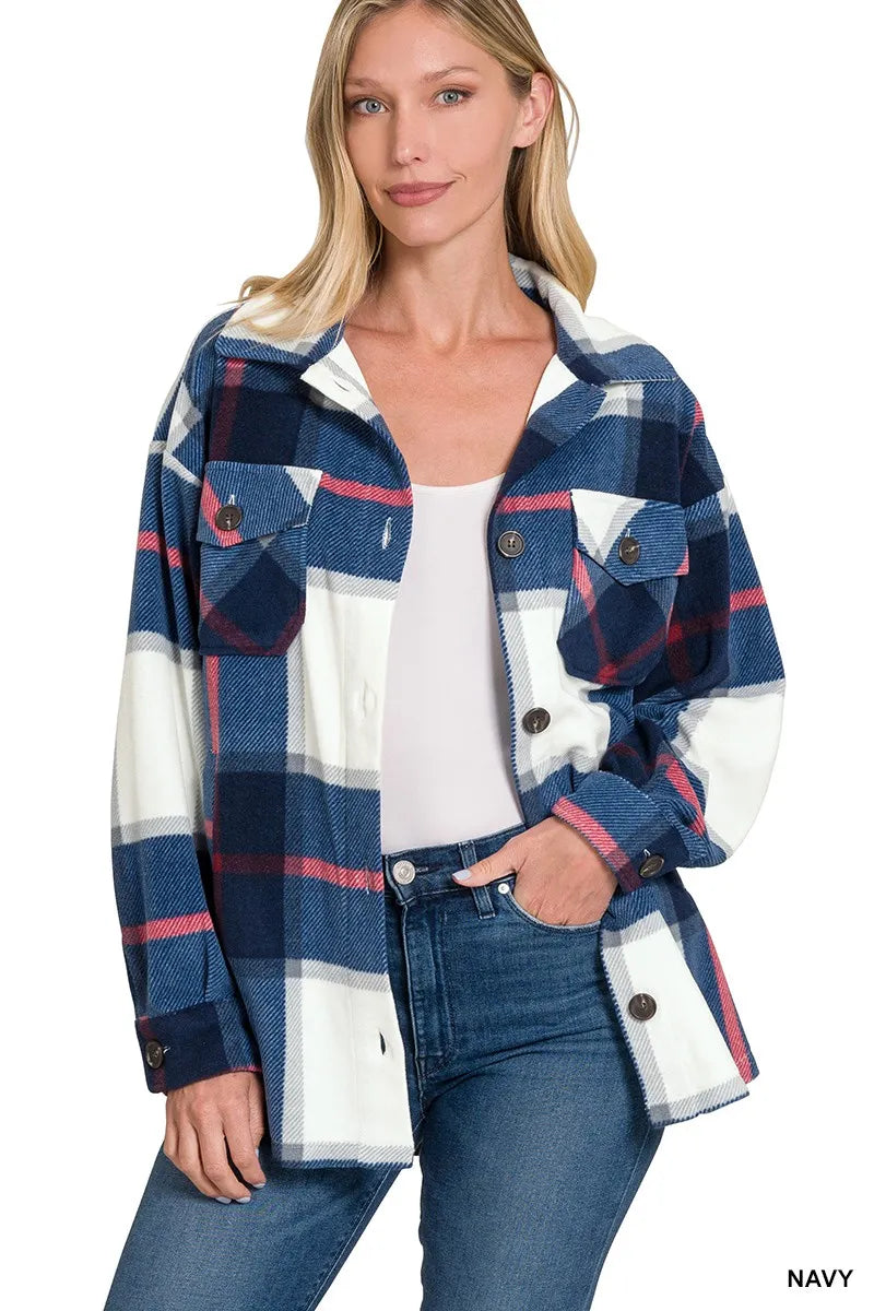 Zenana Oversized Plaid Fleece Shacket | Shackets Daverri Fashions