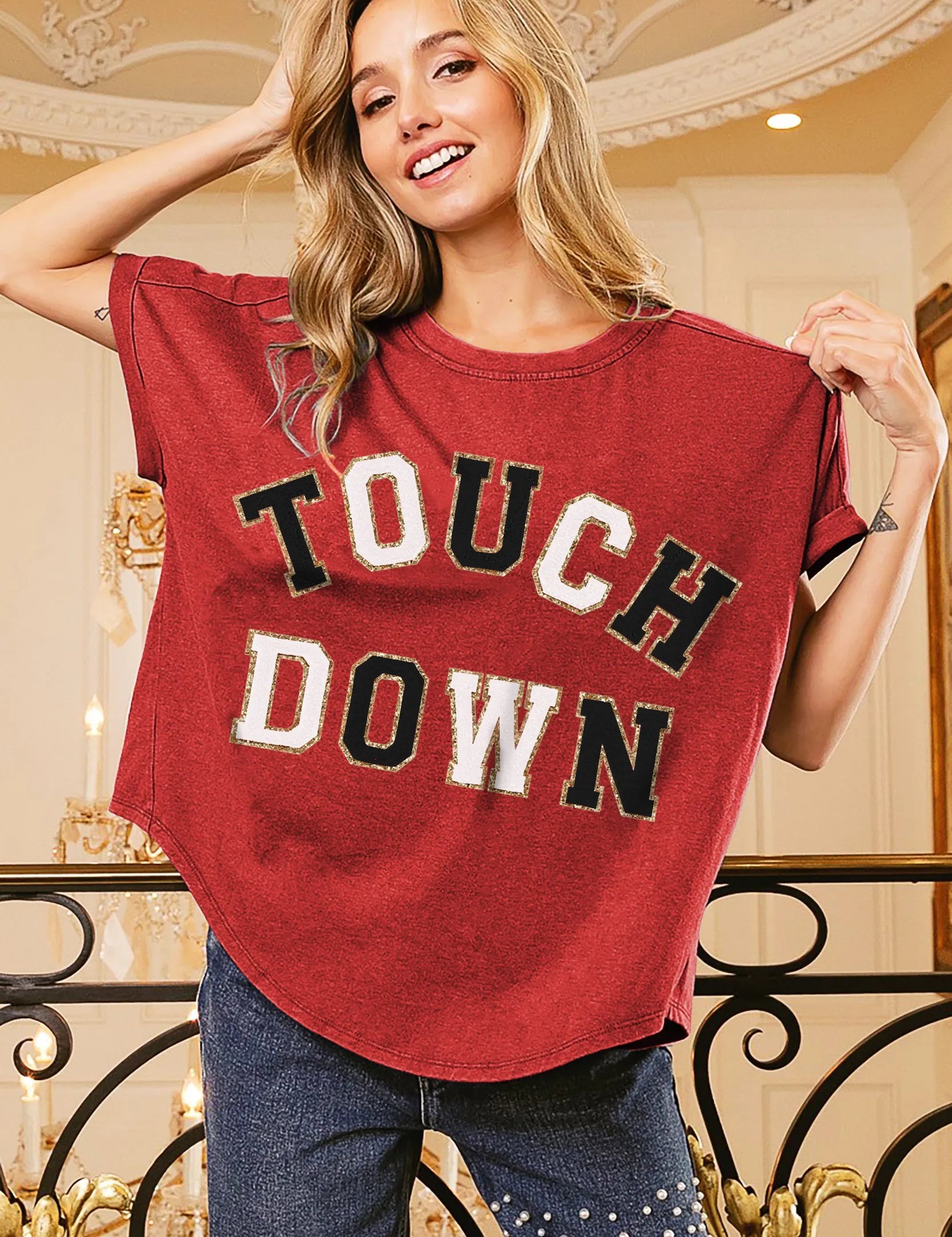 RED BLACK BiBi Touchdown Letter Loose Fit Vintage Washed Top | Tops Daverri Fashions