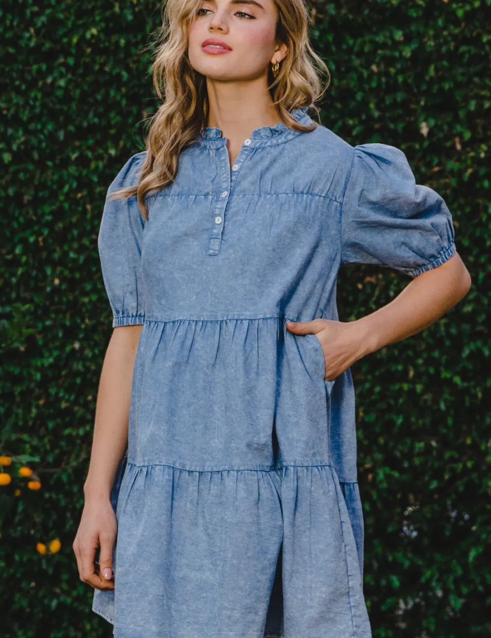 Washed Denim ODDI Washed Tiered Mini Denim Dress | Mini Dresses Daverri Fashions