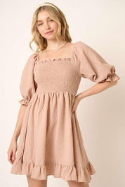 Taupe Mittoshop Smocked Ruffled Hem Half Sleeve Mini Dress | Mini Dresses Daverri Fashions