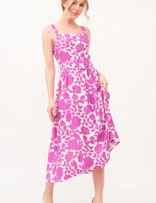 Magenta And The Why Square Neck Belted Floral Printed Midi Dress | Midi Dresses Daverri Fashions