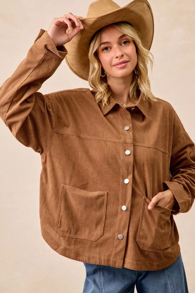 BiBi Corduroy Relaxed Fit Shacket with Back Pleat | Shackets Daverri Fashions