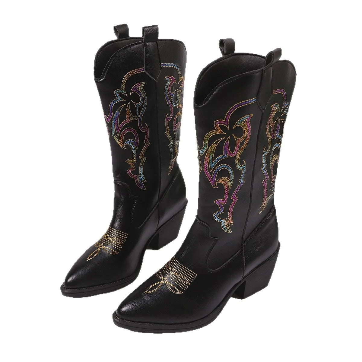 Embroidered Point Toe Block Heels Boots | Boots Daverri Fashions