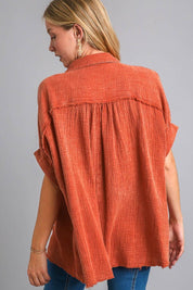 Umgee Full Size Cotton Gauze Mineral Wash Button Down Shirt Plus Size | Daverri Fashions