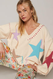 Pale Beige S POL V-Neck Long Sleeve Star Fringe Sweater | Sweaters Daverri Fashions