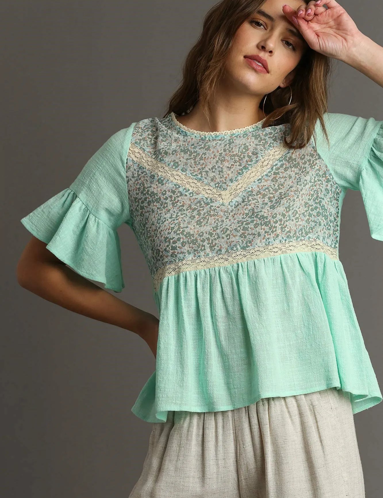 ICE MINT MIX Umgee Floral Lace Trimmed Detail Half Sleeve Babydoll Top | Tops Daverri Fashions