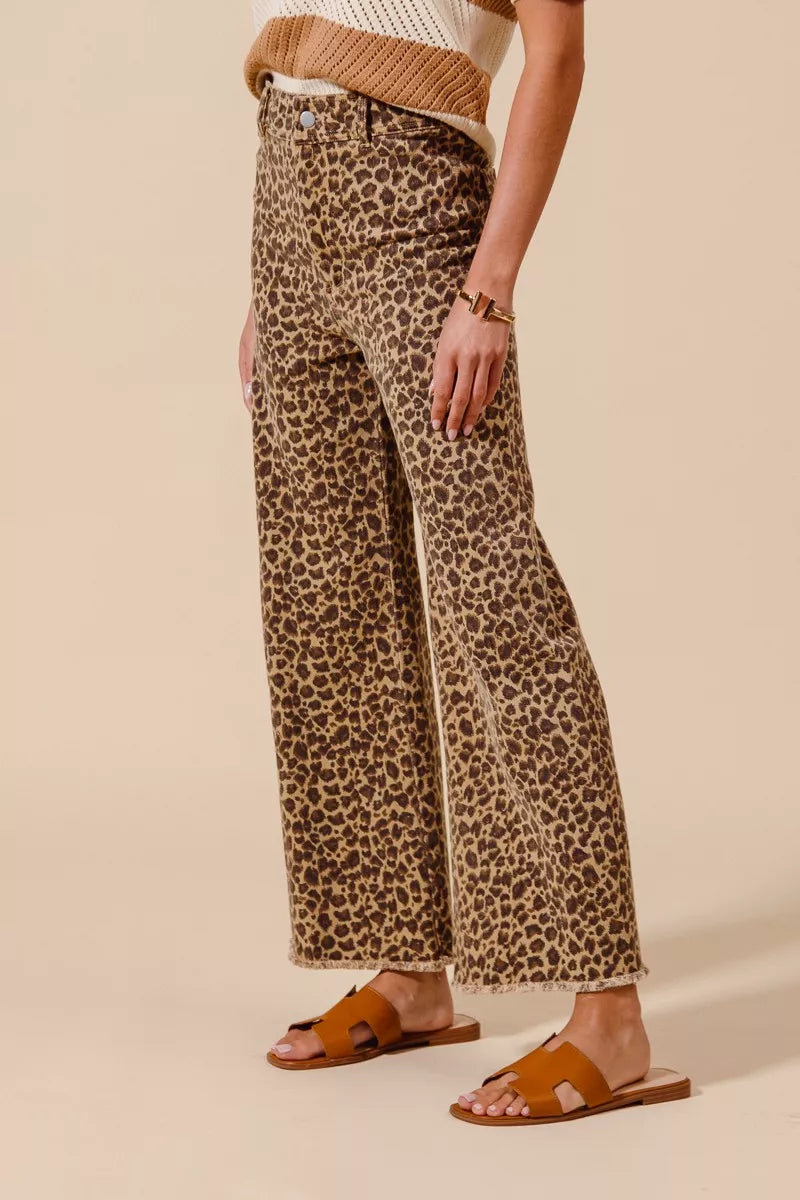 SO ME Mid Rise Leopard Twill Frayed Hem Wide Leg Pants | Daverri Fashions