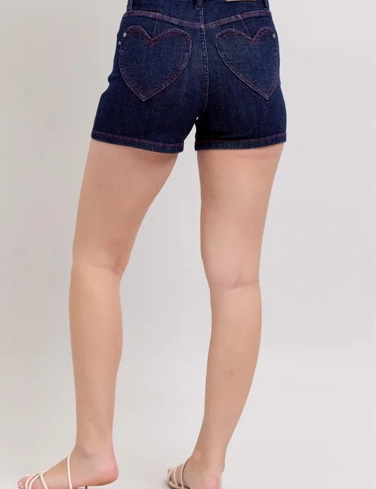 Judy Blue High Waist Heart Shaped Pkts & Red Contrast Thread Denim Shorts L | Bottoms Daverri Fashions