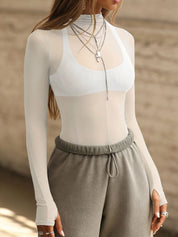 White Mock Neck Long Sleeve Sheer Top | Tops Daverri Fashions