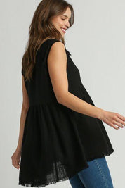 Umgee Full Size Raw Hem Linen Round Neck Sleeveless Top Plus Size | Tops Daverri Fashions