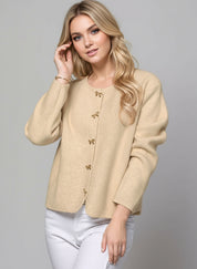 Bow Button Down Round Neck Long Sleeve Cardigan