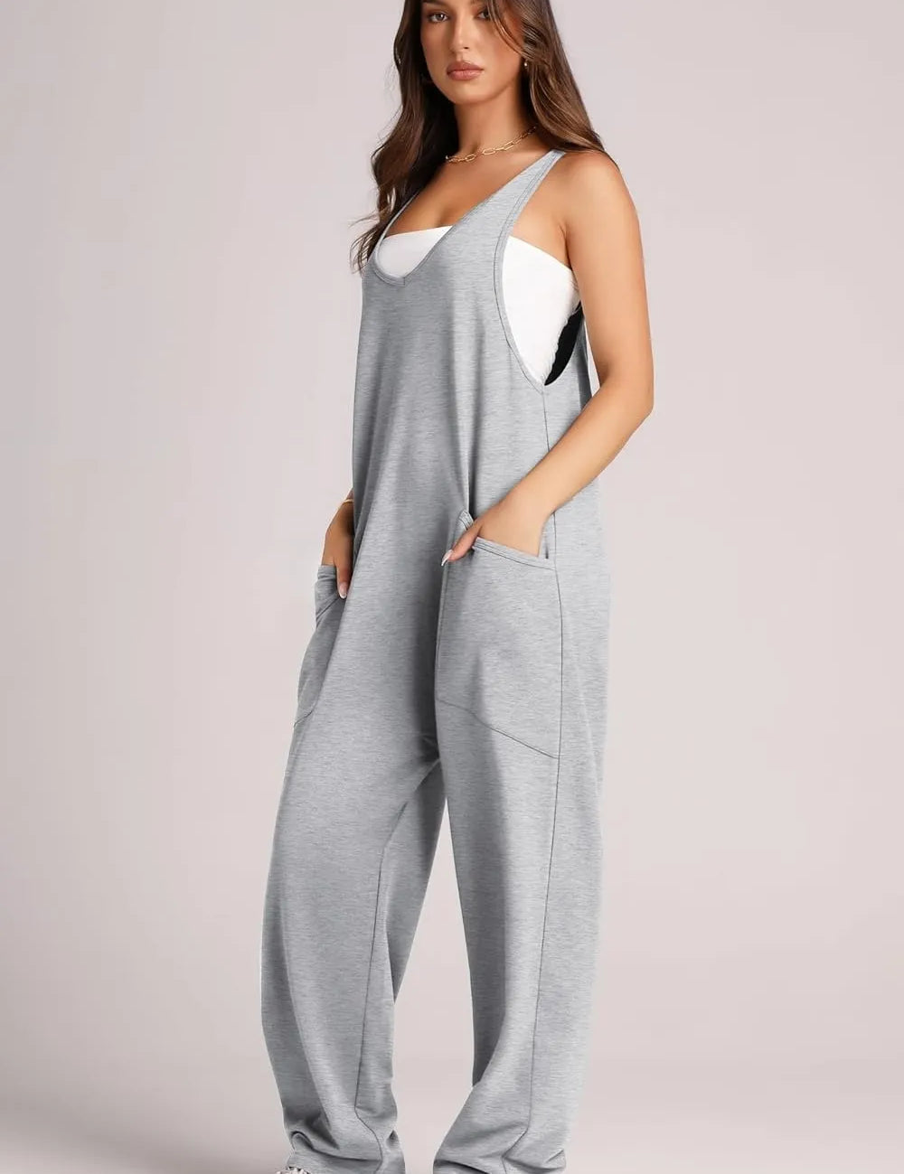 Gray Lovelet Wide Strap Jumpsuit with Pockets | Overalls Daverri Fashions