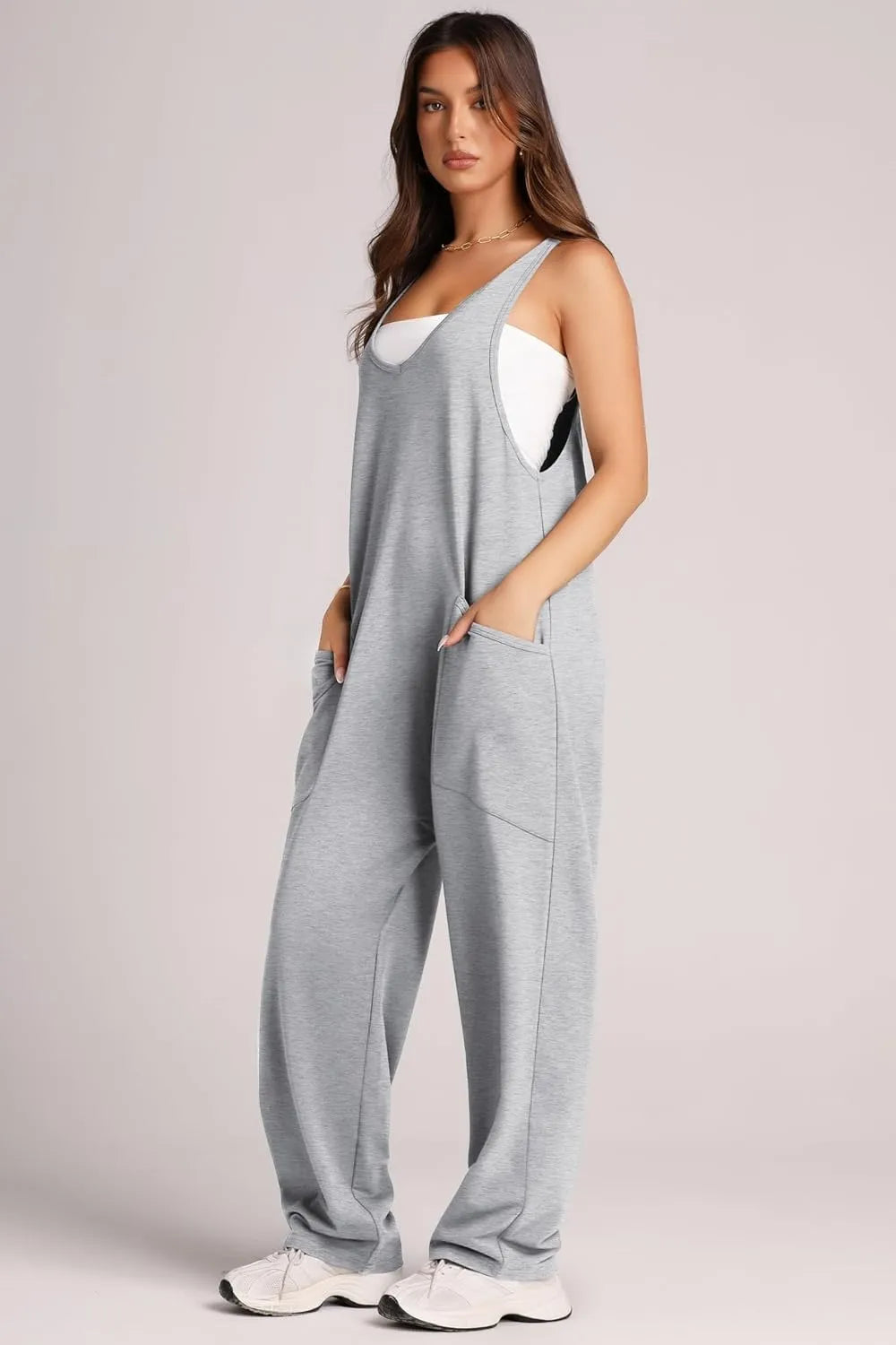 Gray Lovelet Wide Strap Jumpsuit with Pockets | Overalls Daverri Fashions
