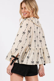 SAGE + FIG Bow Print Tie Front Babydoll Blouse | Blouses Daverri Fashions