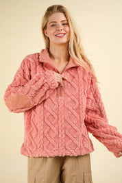 VERY J Fuzzy Fleece Half Zip Cable Pattern Sweatshirt Blush | Sweatshirts Daverri Fashions