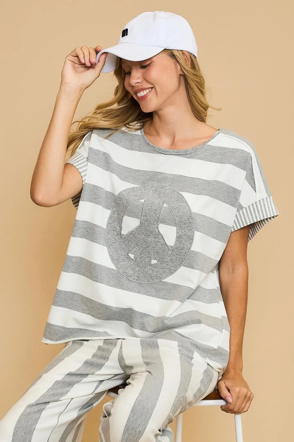 Gray Umgee Peace Sign Patch Striped French Terry T-Shirt | T-Shirts Daverri Fashions