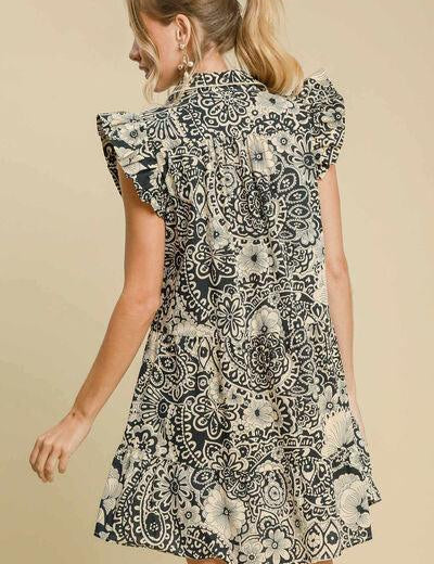 Umgee Full Size Printed Ruffle Cap Sleeve Babydoll Dress Plus Size | Babydoll Dresses Daverri Fashions