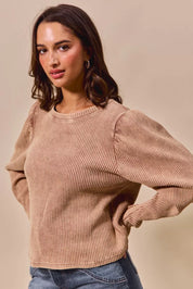 SO ME Mineral Washed Waffle Top With Puff Sleeves | Knit Tops Daverri Fashions