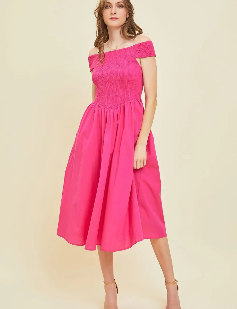 Fuchsia HEYSON Off-Shoulder Smocked Midi Dress | Midi Dresses Daverri Fashions