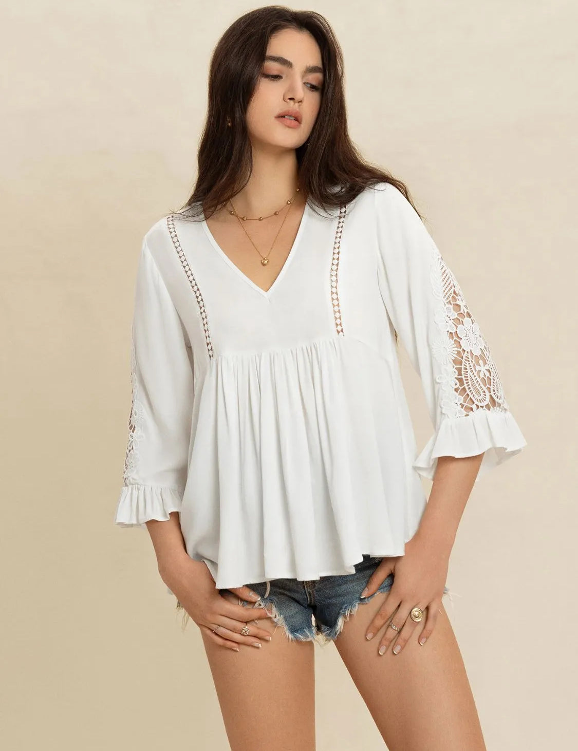 White V-Neck Lace Flounce Sleeve Top | Blouses Daverri Fashions