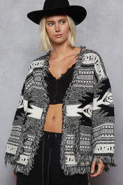 POL Open Front Geometric Print Cardigan with Fringe Detail | Cardigans Daverri Fashions