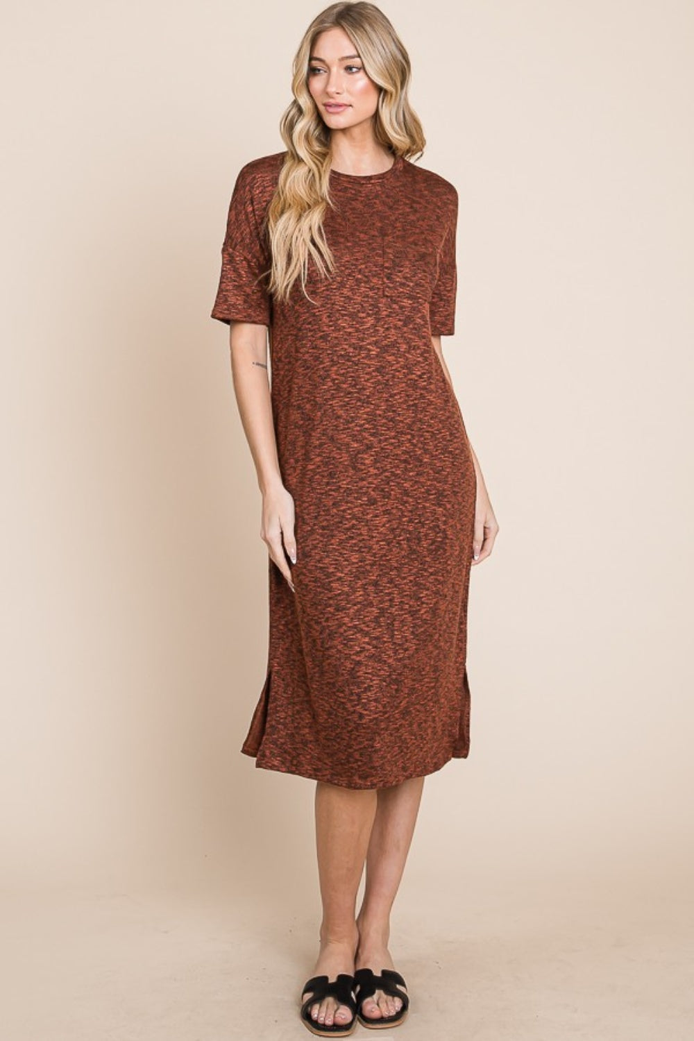 BOMBOM Round Neck Side Slit Midi Dress | Daverri Fashions