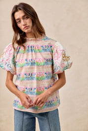 BiBi Ruffle Neckline Blouse With Embroidery Bubble Sleeve | Daverri Fashions