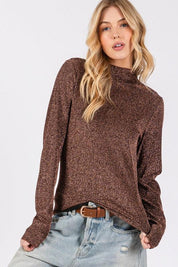 SAGE + FIG Glitter Mock Neck Lettuce Hem Long Sleeve Top | Tops Daverri Fashions