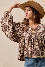 BiBi Printed Woven Front Tied Blouse with Baloon Sleeve | Blouses Daverri Fashions