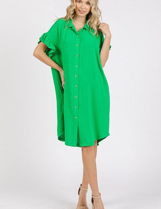Green S Mittoshop Button Down Flounce Sleeve Dress with Pockets | Daverri Fashions