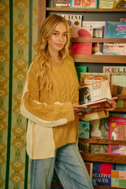 BiBi Cable Knit With Hacci Combo Sweater With Uneven Hem Detail | Sweaters Daverri Fashions