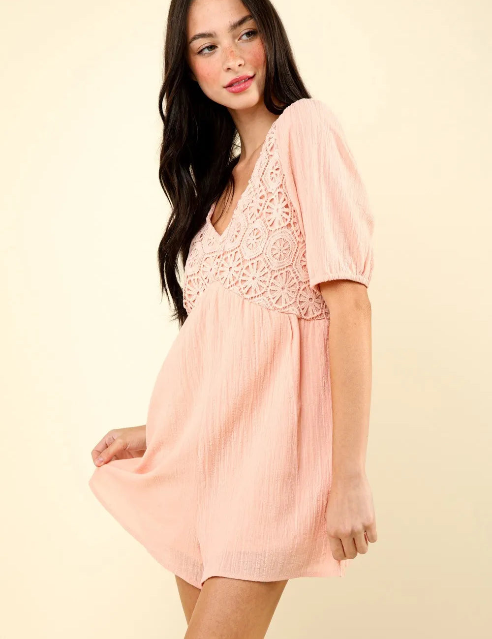 Blush VERY J Lace Detail Puff Sleeve Romper with Pockets | Rompers Daverri Fashions