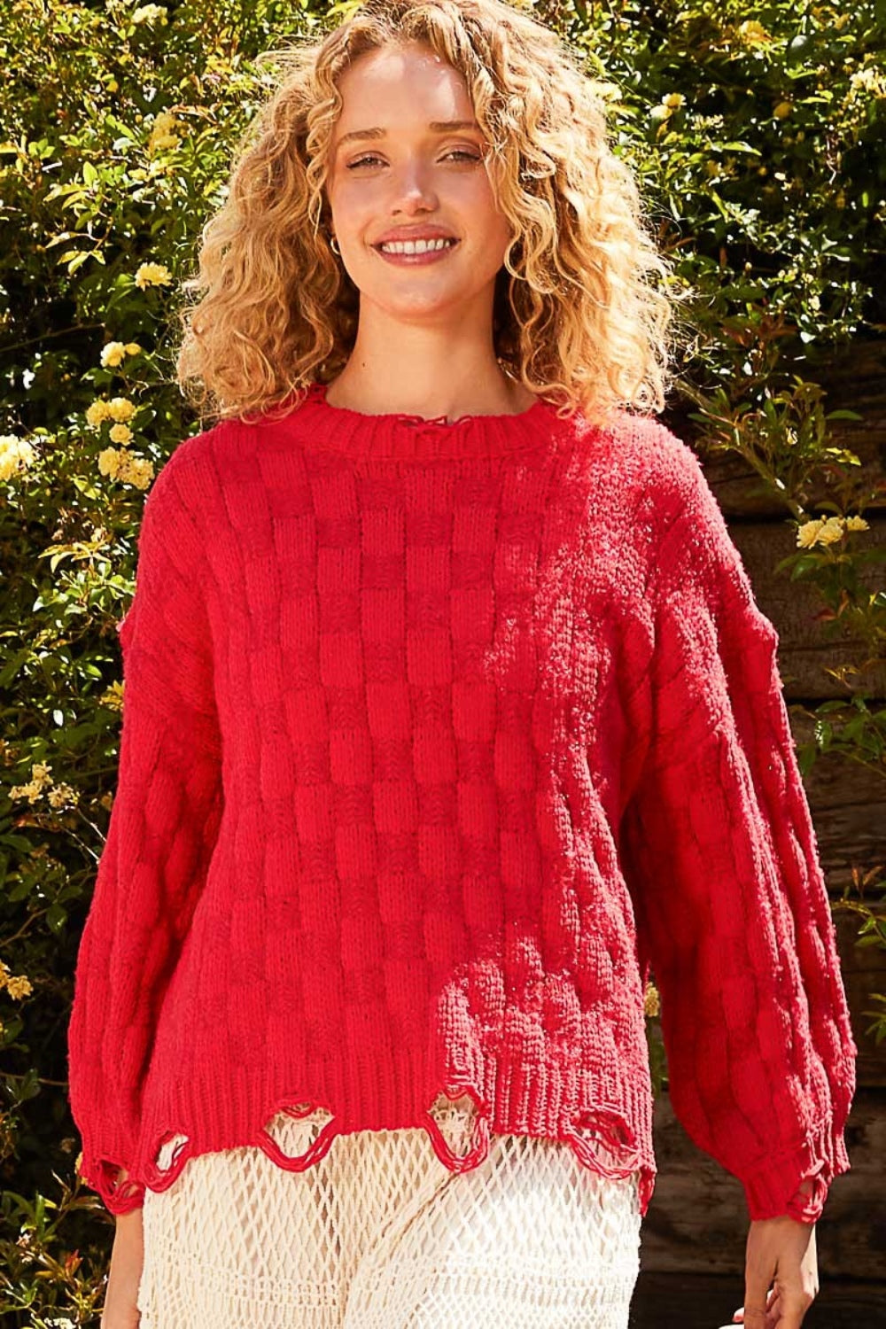 POL Checkered Distressed Edge Sweater | Sweaters Daverri Fashions