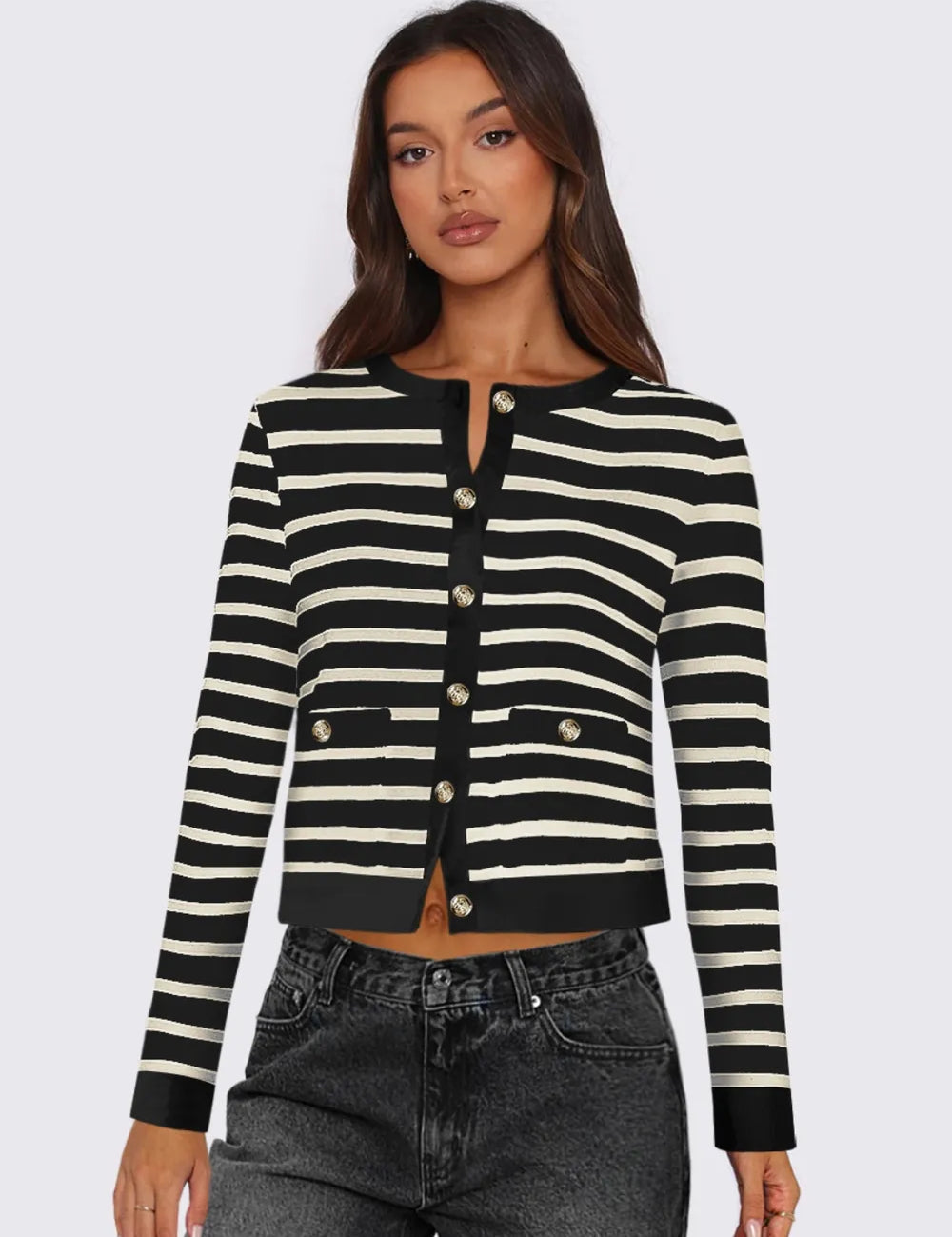 Striped Round Neck Button Up Long Sleeve Cardigan | Cardigans Daverri Fashions