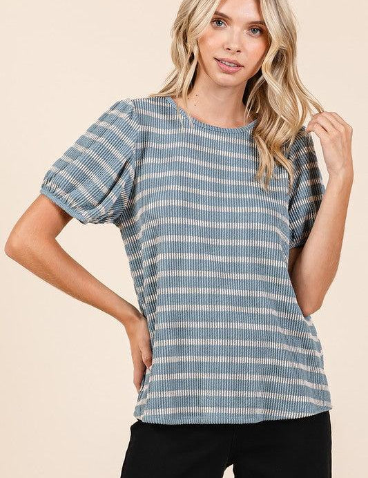 Mittoshop Contrast Striped Short Puff Sleeve Knit Top | Tops Daverri Fashions
