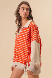 BiBi Stripe Knit Loose Fit Top With Cut Edge Detail | Tops Daverri Fashions