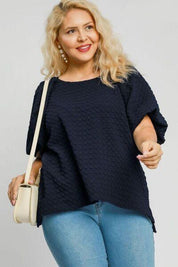 Umgee Full Size Boxy Cut Jacquard Round Neck Top with Side Slit | Tops Daverri Fashions